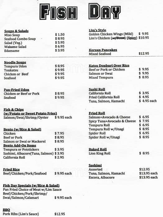 Fish Day Menu, Menu for Fish Day, Union City, Union City Urbanspoon