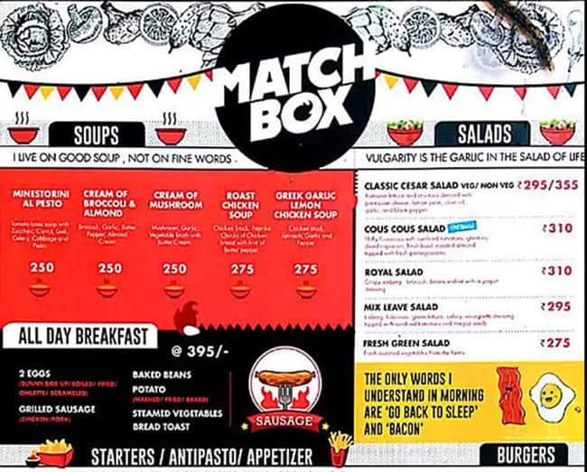 Menu of Matchbox, Hauz Khas Village, New Delhi