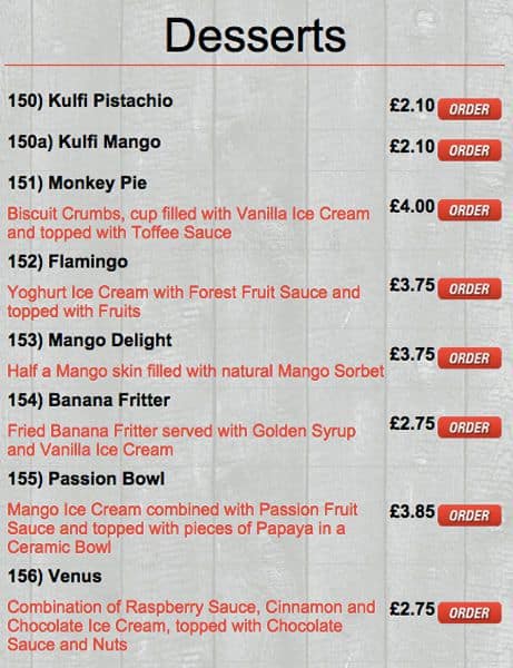Monkeys Indian Takeaway menu