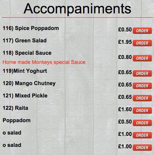 Monkeys Indian Takeaway menu