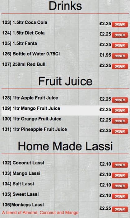 Monkeys Indian Takeaway menu