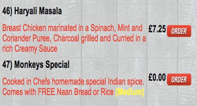 Monkeys Indian Takeaway menu