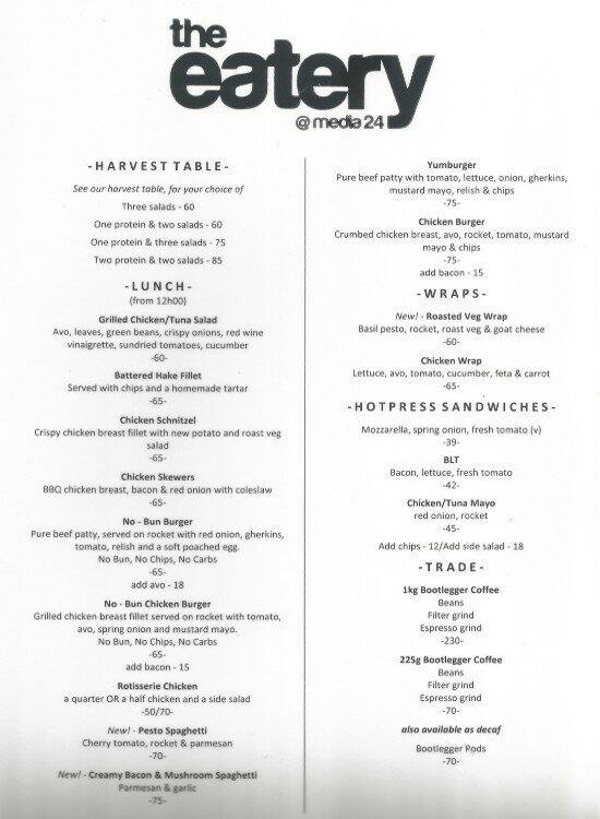 The Eatery Media 24 Menu, Menu for The Eatery Media 24, Foreshore