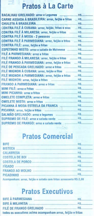 Lanchonete Estrela da Franca cardápio