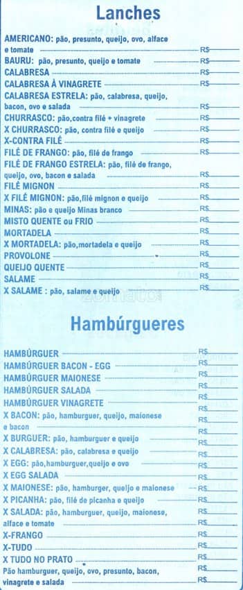 Lanchonete Estrela da Franca cardápio