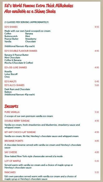 Menu at Ed's Easy Diner restaurant, Birmingham, Selfridges & Co