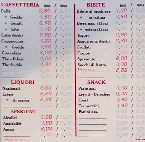 Menu di Bar dei Platani 