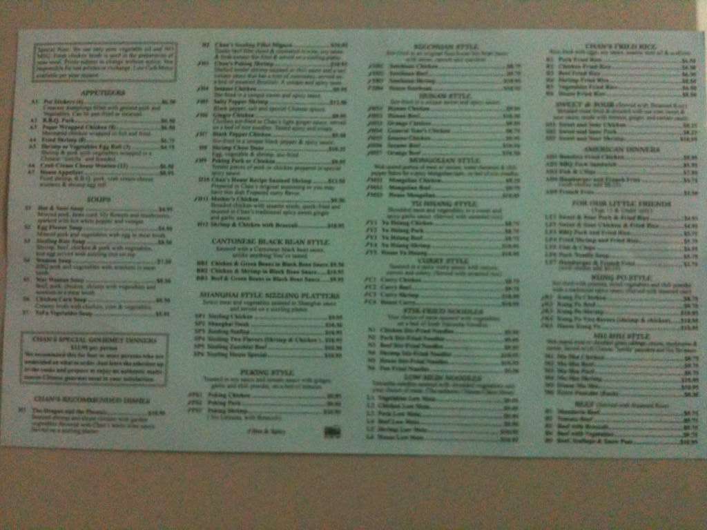 Menu at Chan's Chinese Restaurant, McMinnville