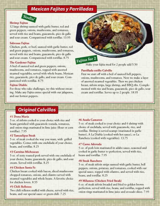 Menu at Calvillo's Mexican Restaurant, Alamosa