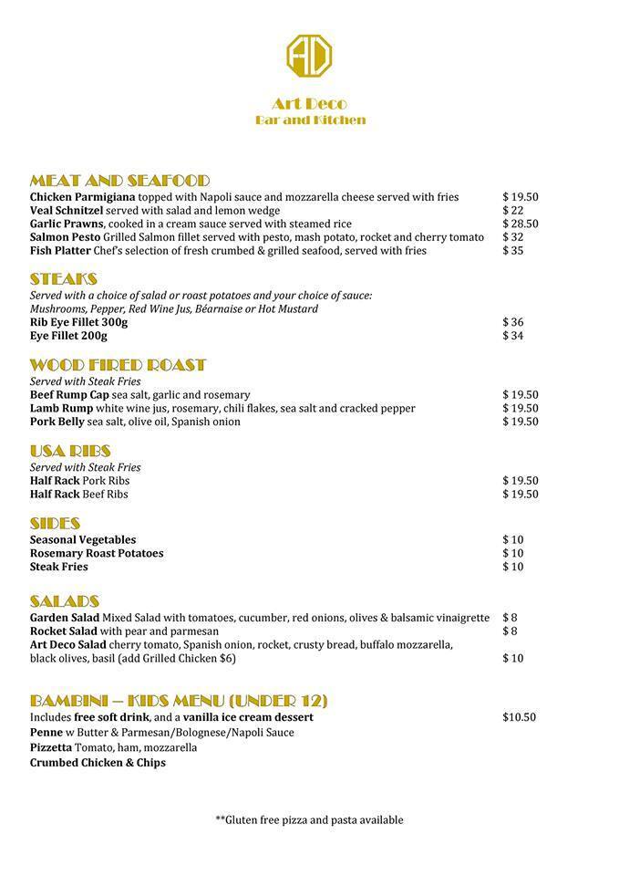 Carta de Art Deco Bar and Kitchen, Craigieburn