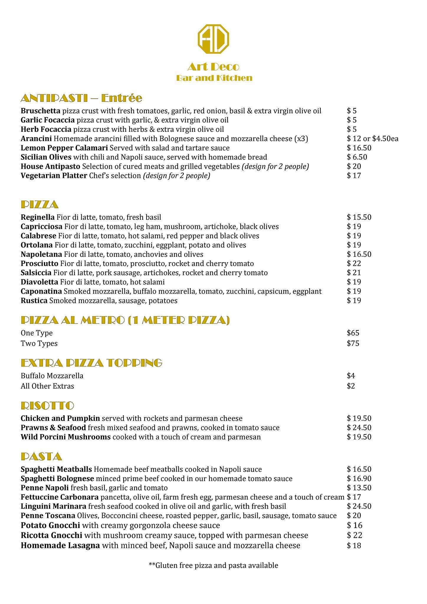 Carta de Art Deco Bar and Kitchen, Craigieburn