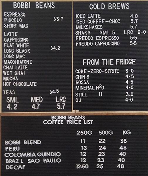 Menu at Bobbi Beans (Coffee Shop) cafe, Balwyn North