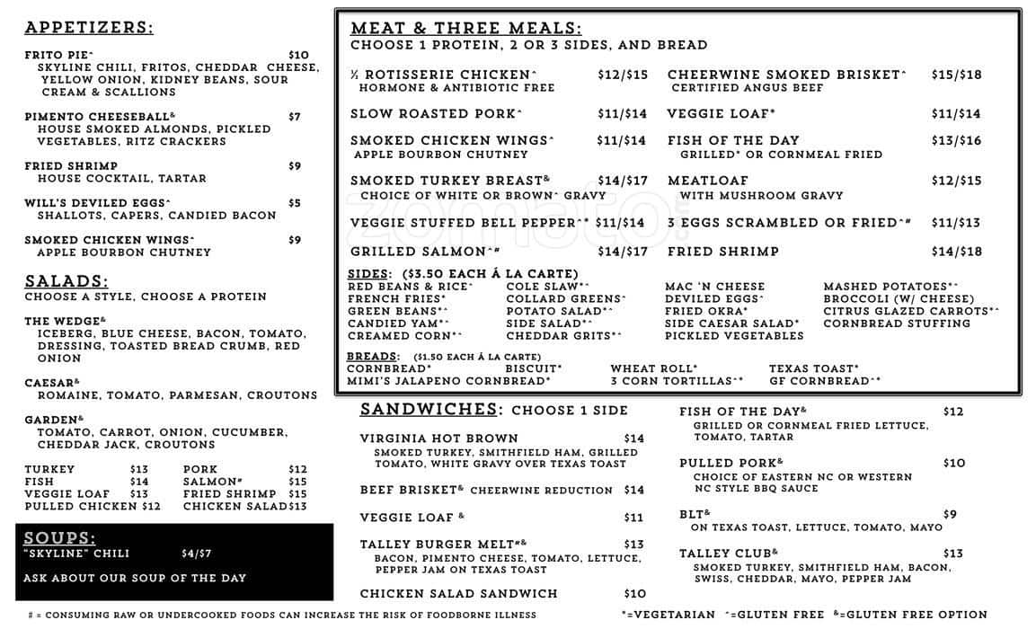 Talley's Meat and Three Menu - Urbanspoon/Zomato