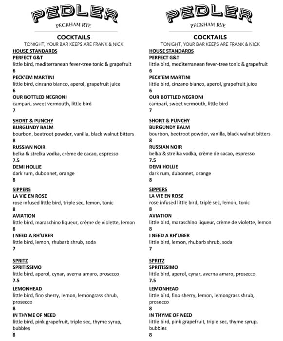 Menu at Lucky Gin restaurant, London