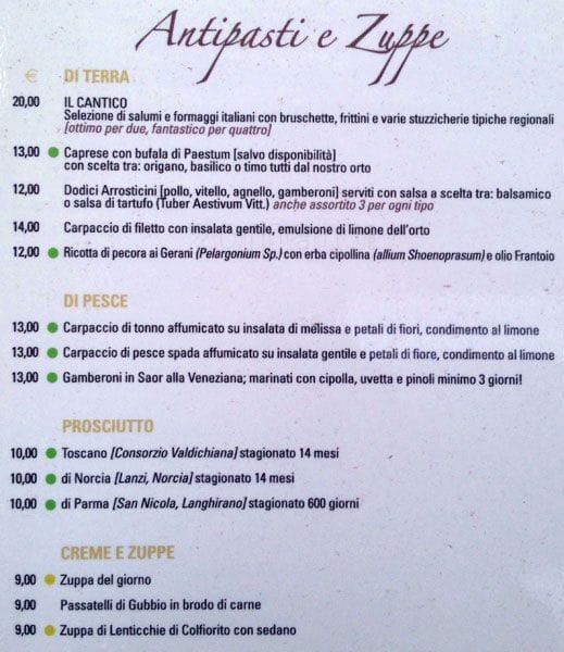 Menu di Ristorante @ il Cantico 