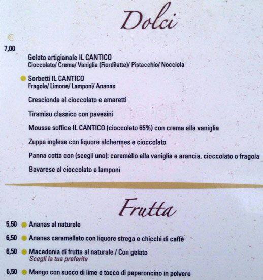 Menu di Ristorante @ il Cantico 