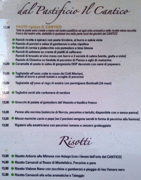 Menu di Ristorante @ il Cantico 
