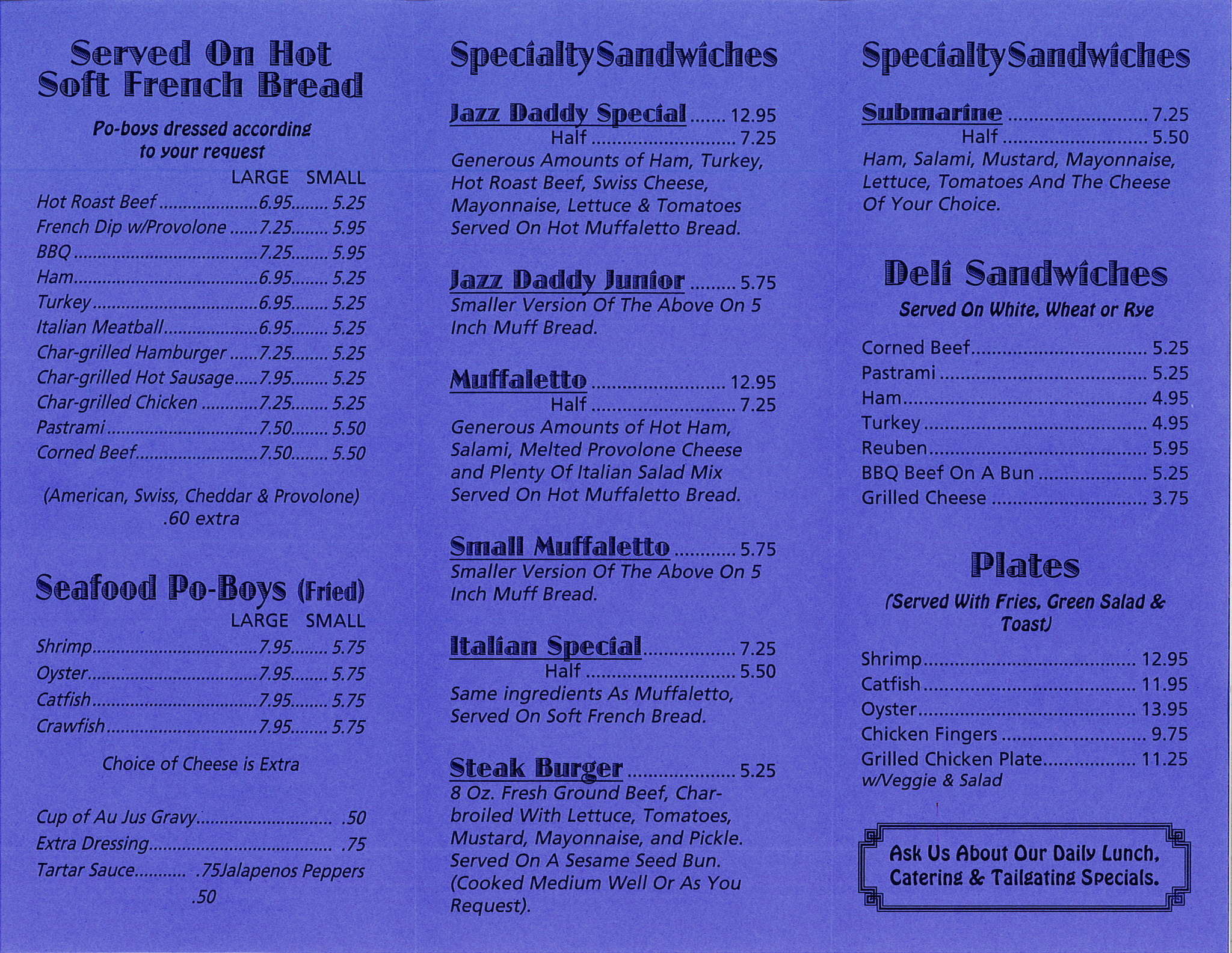 Menu at Jazz Daddy's restaurant, Baton Rouge