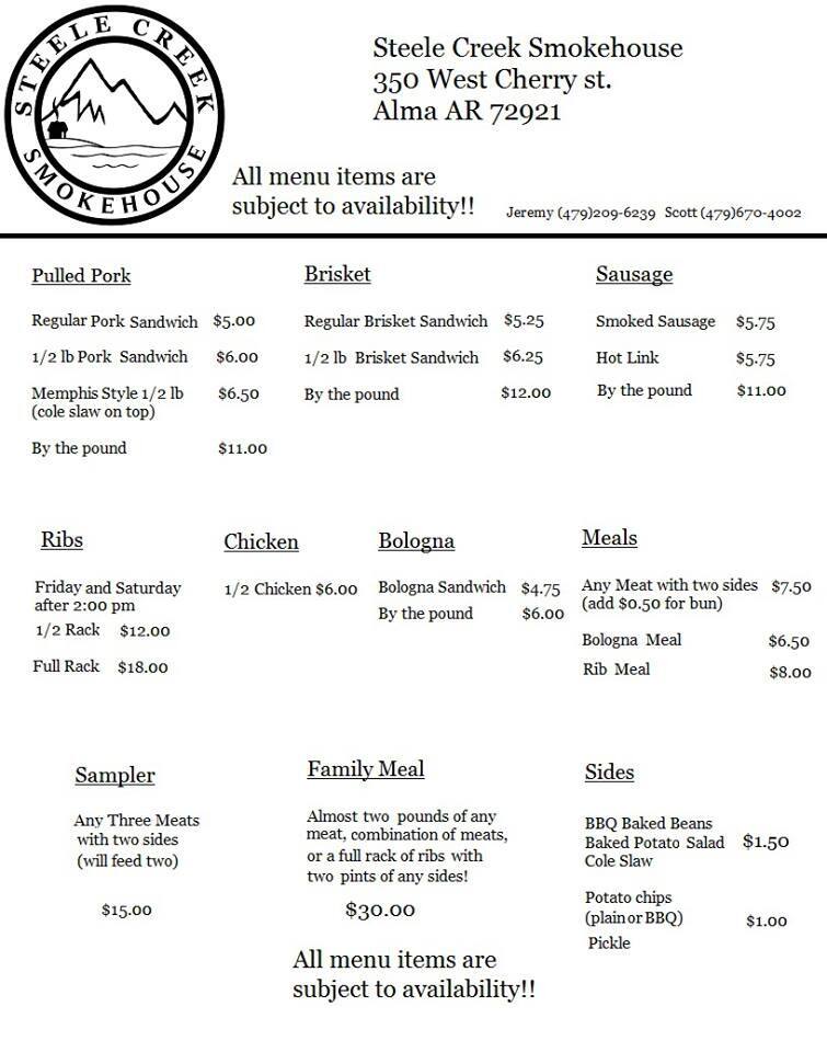 Menu at Steele Creek Smokehouse BBQ, Van Buren