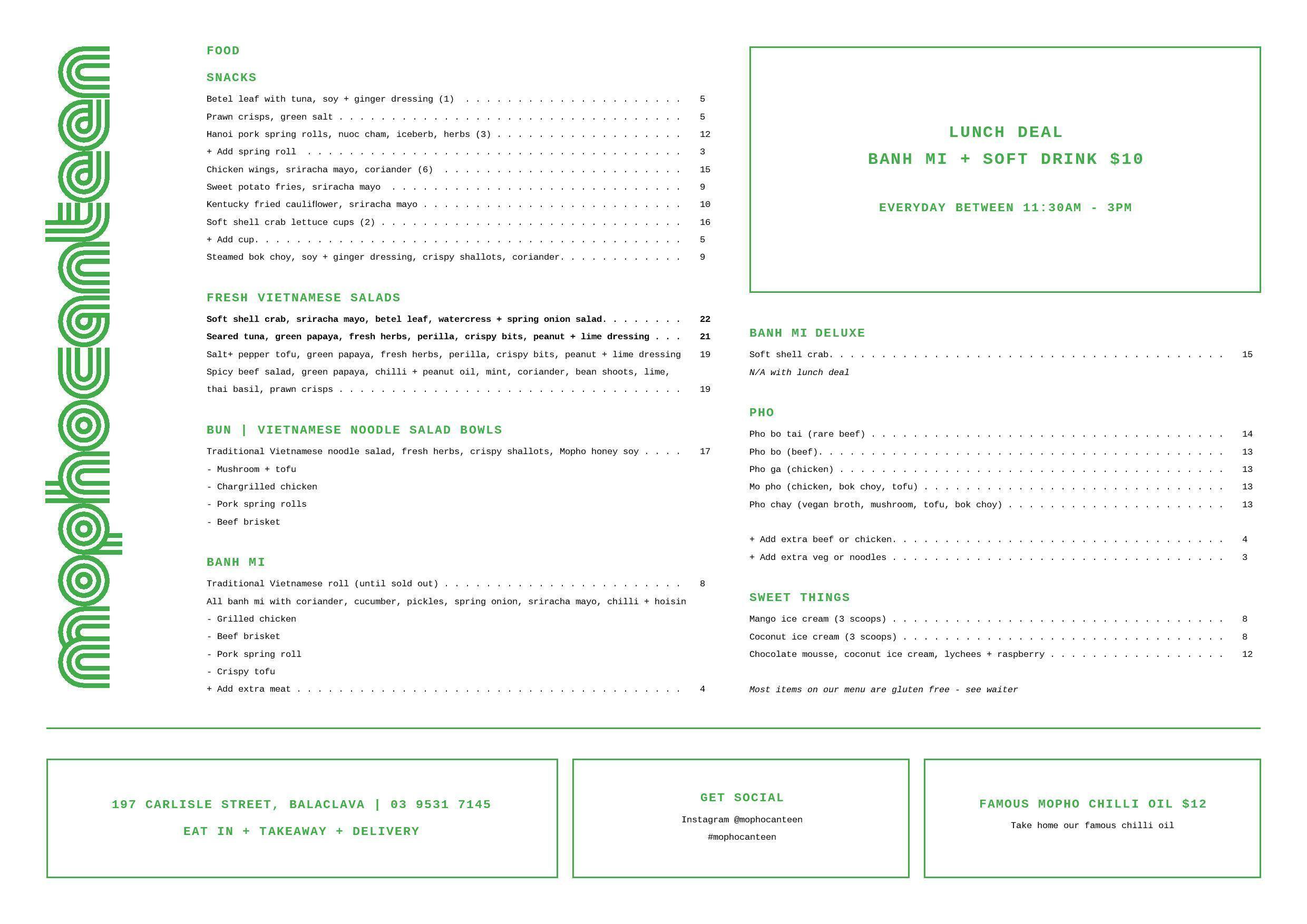 Mopho Canteen menu, Menu restauracji Mopho Canteen, St Kilda East