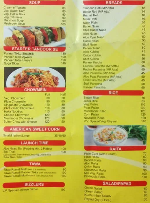 V.V. Eating Joint Menu, Menu for V.V. Eating Joint, Rohini, New Delhi