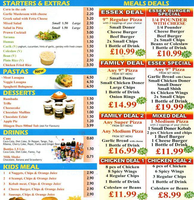 Essex Kebab & Pizza menu, Menu restauracji Essex Kebab & Pizza