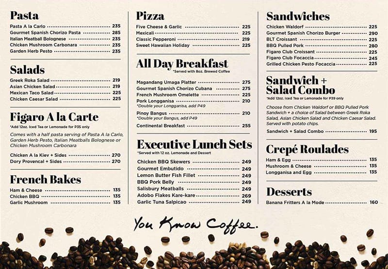 Menu at Figaro cafe, Manila, Robinsons Place Manila