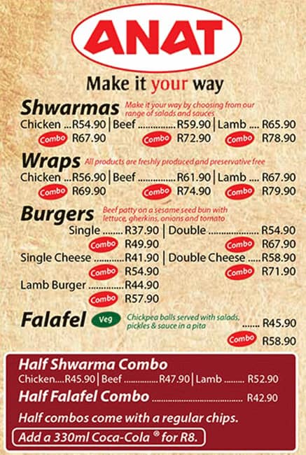 Menu at Anat restaurant, Johannesburg, Gold Reef City Theme Park