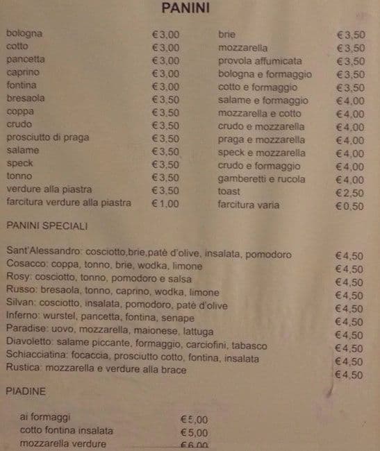 Menu di Bar Tabacchi Sant'Alessandro 