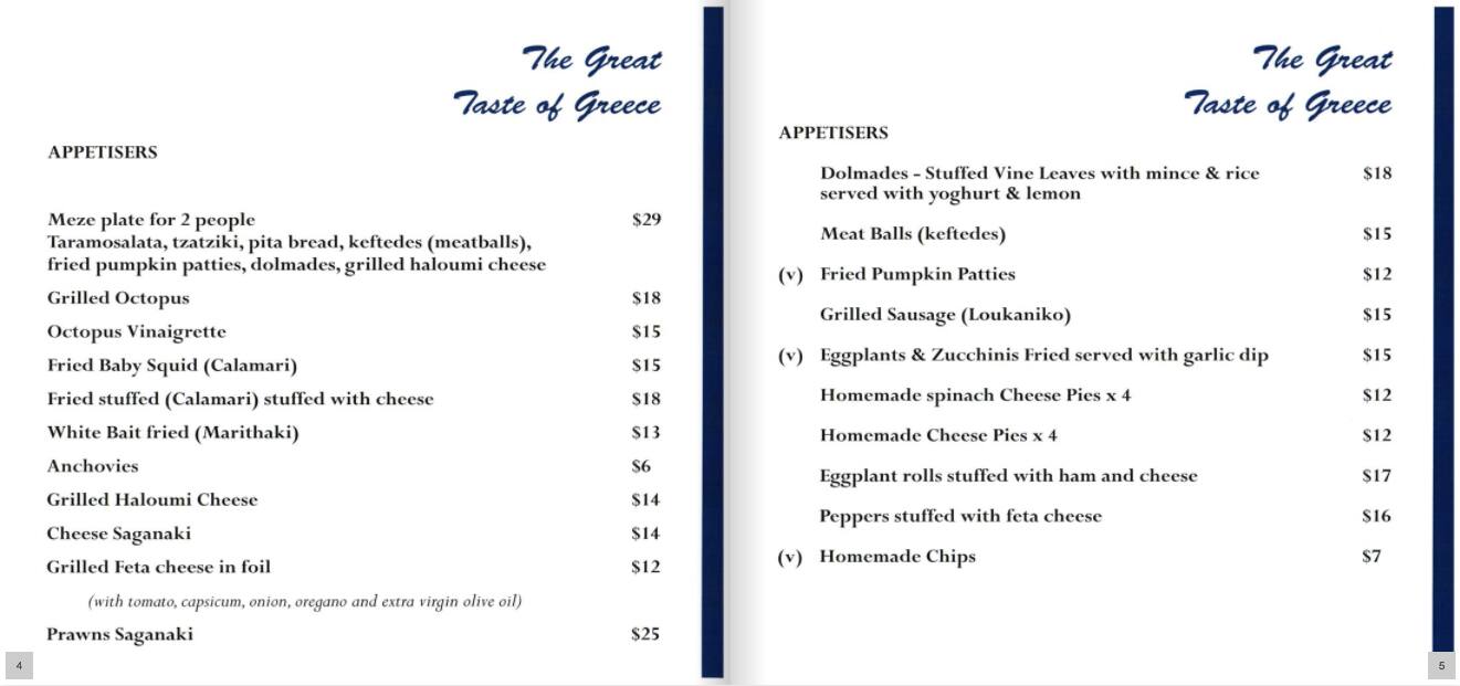 Menu at Taste of Greece restaurant, Kogarah Bay