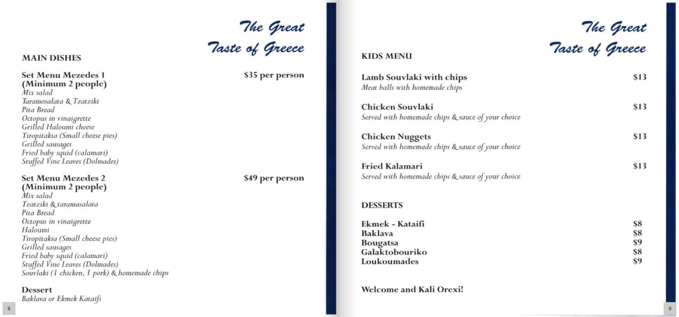 Menu at Taste of Greece restaurant, Kogarah Bay