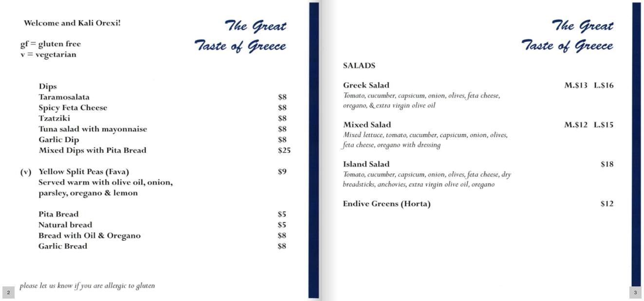 Menu at Taste of Greece restaurant, Kogarah Bay