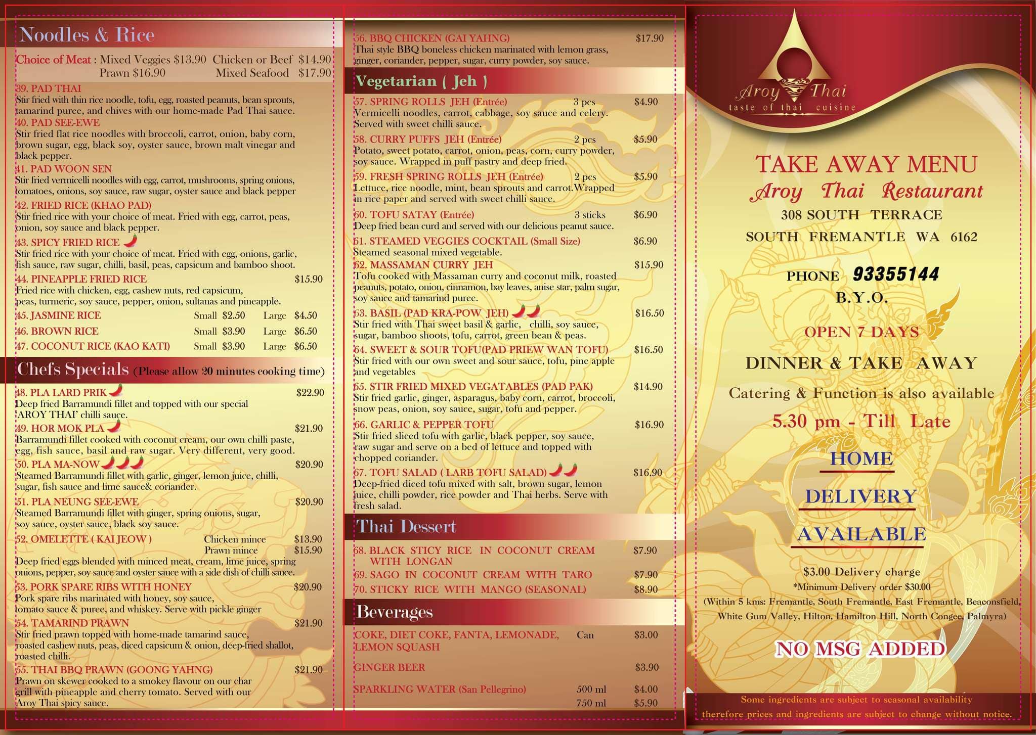 Menu at Aroy Thai Restaurant, Beaconsfield