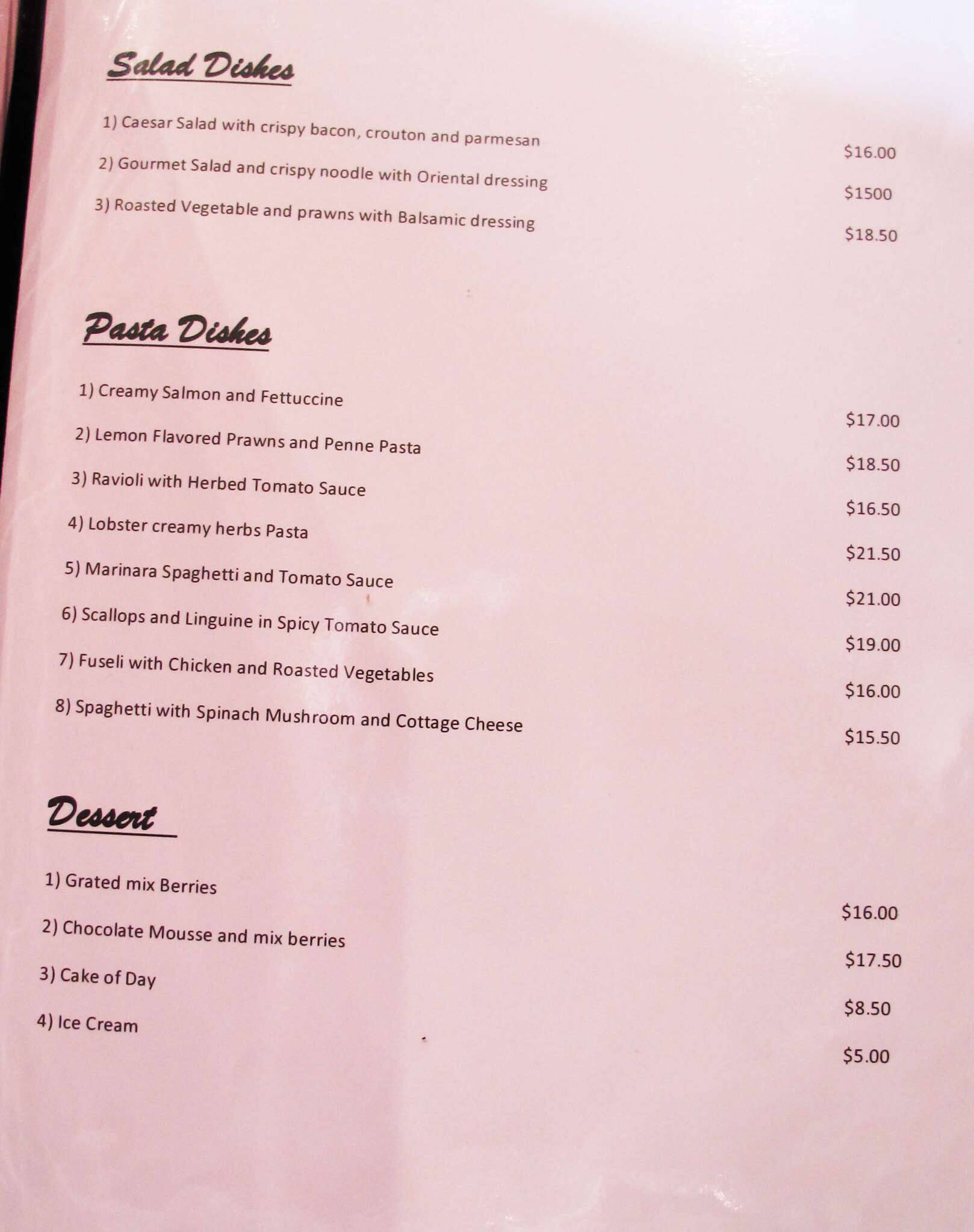 Menu at The Lobster restaurant, Beaconsfield
