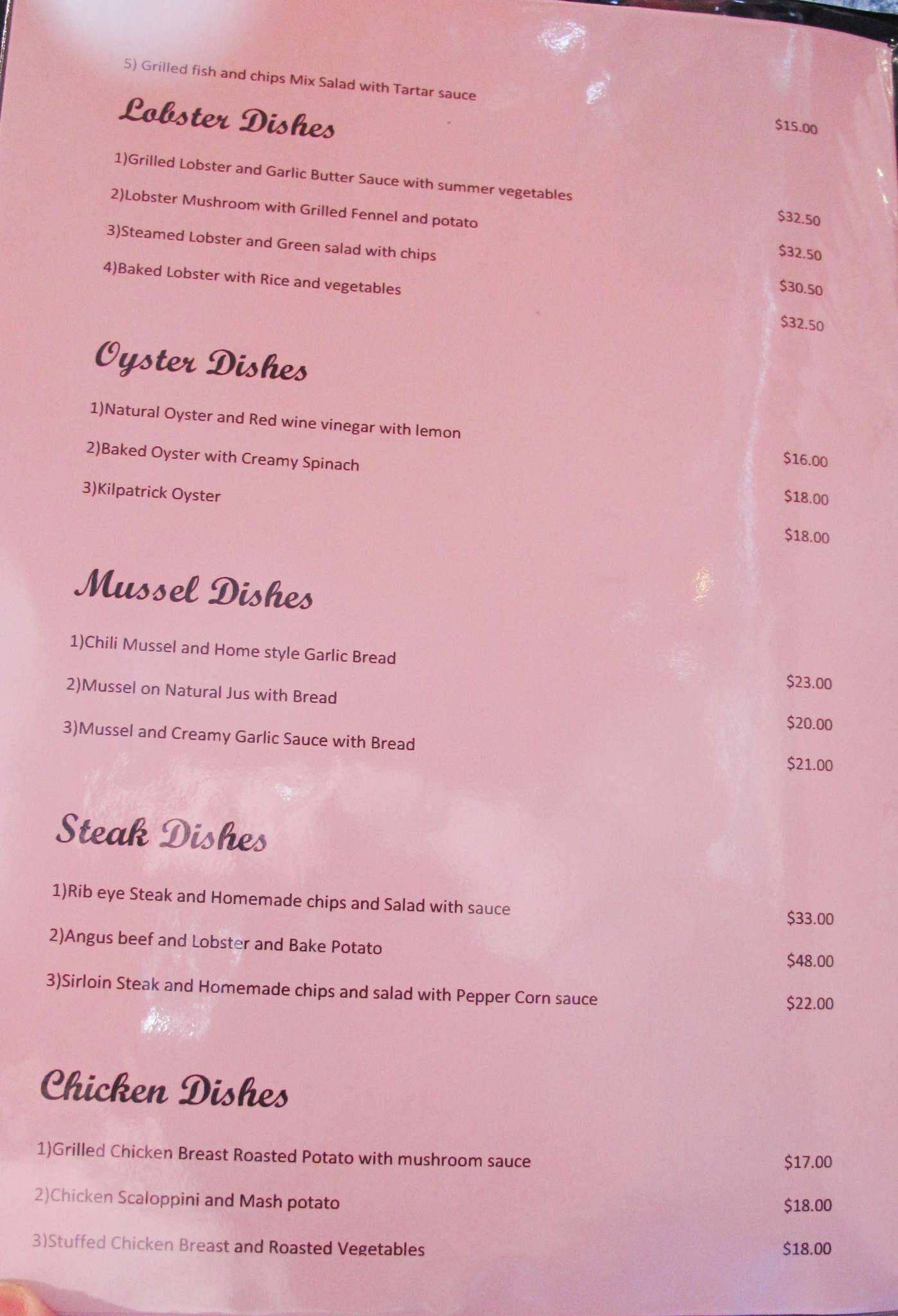 Menu at The Lobster restaurant, Beaconsfield
