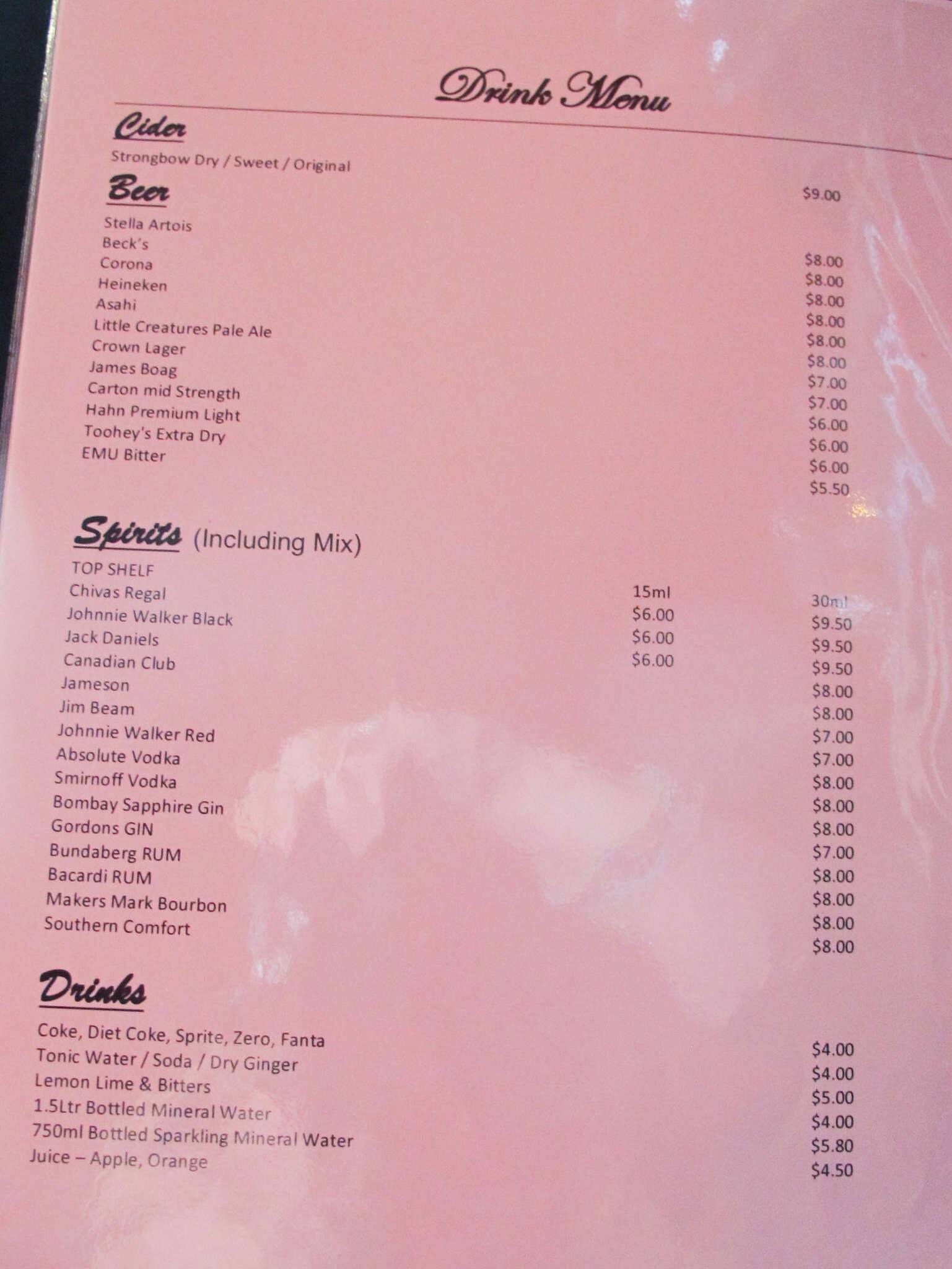 Menu at The Lobster restaurant, Beaconsfield