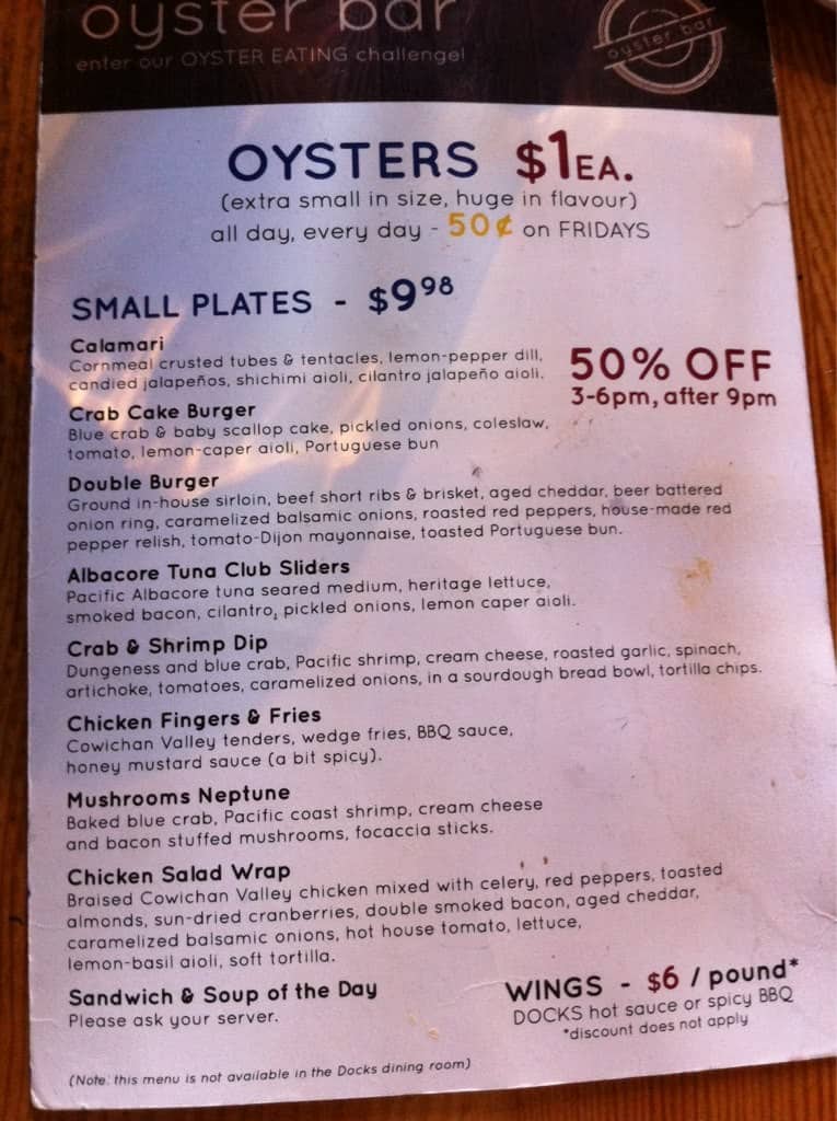 The Docks Menu, Menu for The Docks, Victoria, City of Victoria