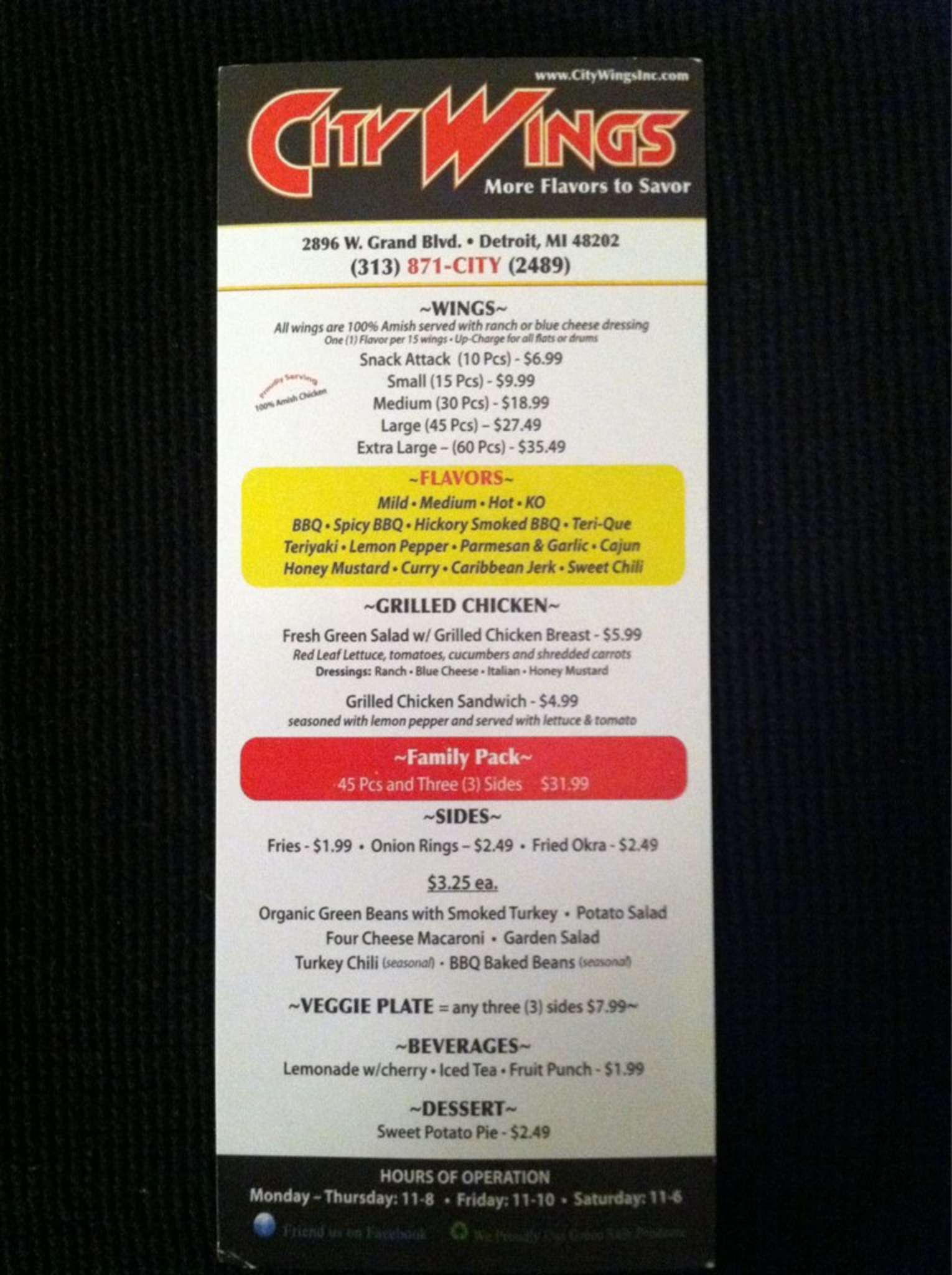 City Wings menu, Menu restauracji City Wings, North Detroit, Detroit Urbanspoon/Zomato
