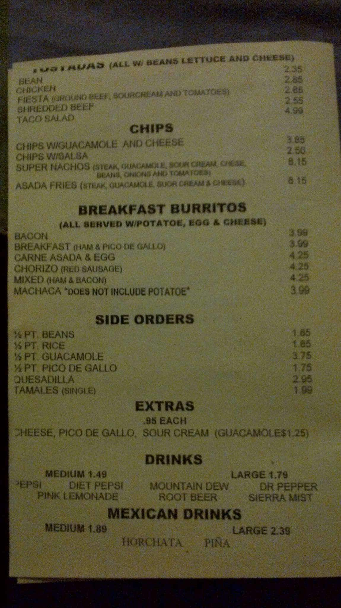 Menu at Pancho's fast food, Blue Springs