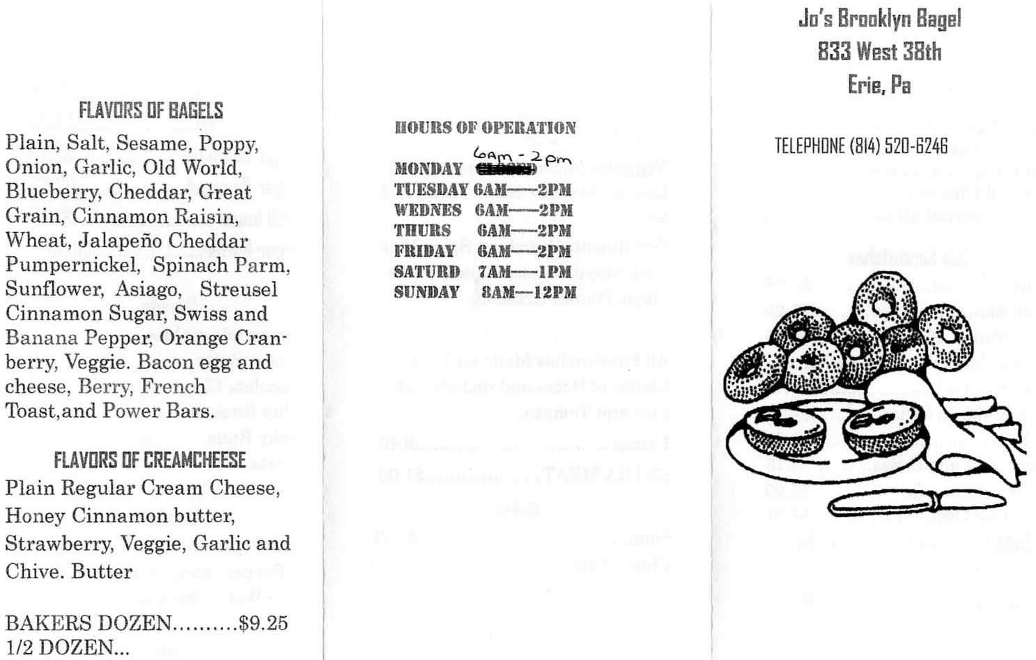 Menu at Jo's Brooklyn Bagel restaurant, Erie