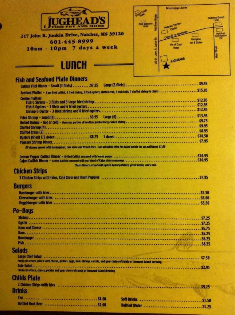 Jugheads Menu, Menu de Jugheads, Natchez, Natchez Urbanspoon/Zomato