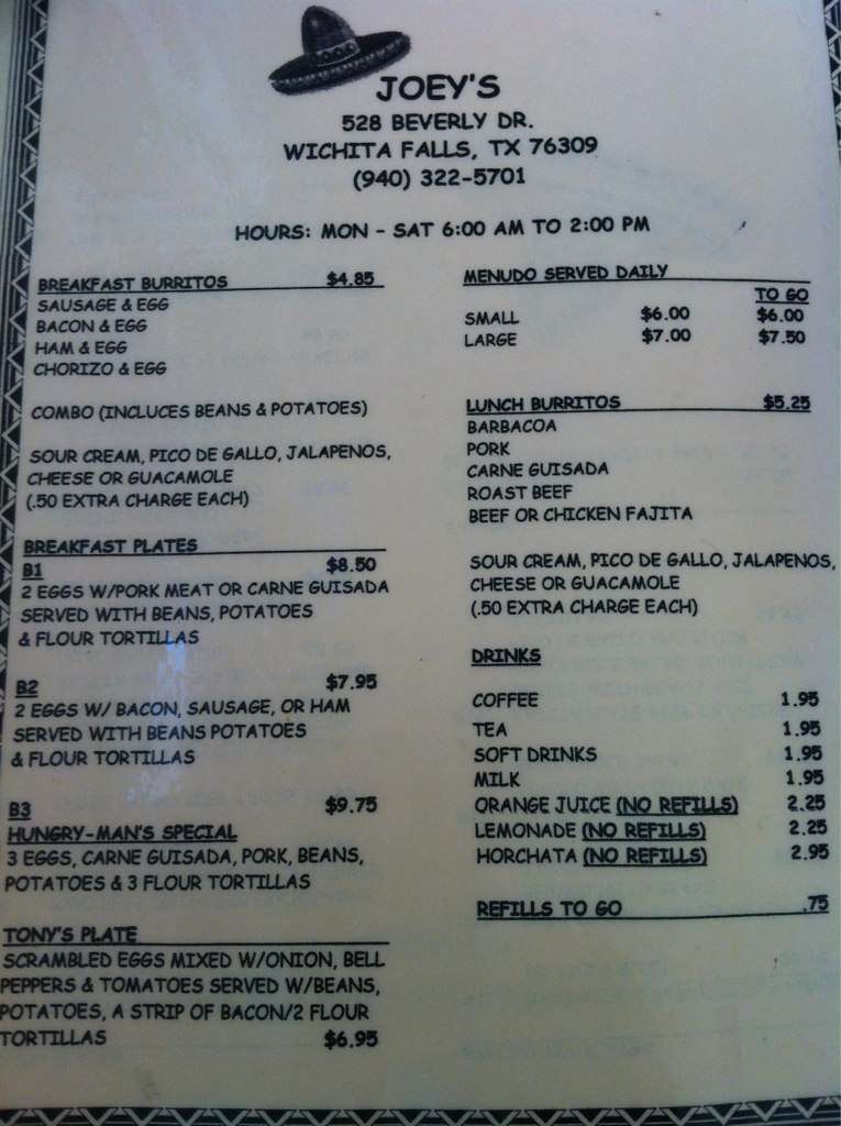 Menu at Joey's restaurant, Wichita Falls, 528 Beverly Dr
