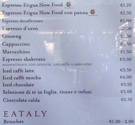 Menu di Eataly in Piazza 
