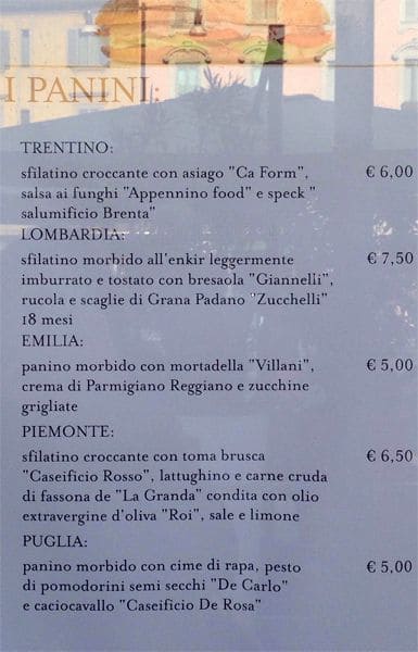 Menu di Eataly in Piazza 