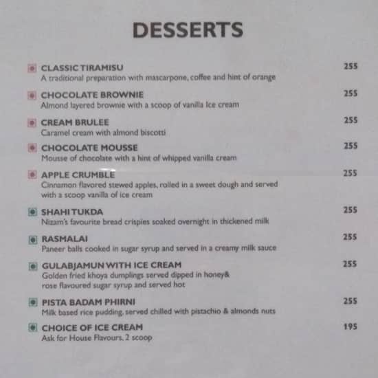 Menu at Radisson Blu, Haridwar