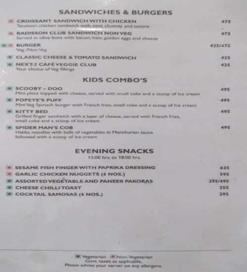 Menu at Radisson Blu, Haridwar