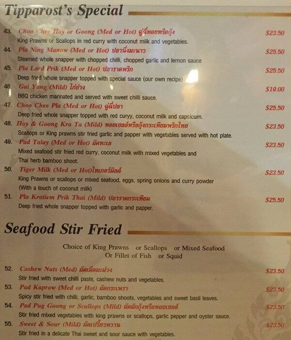 Carta de Tipparost Thai Restaurant