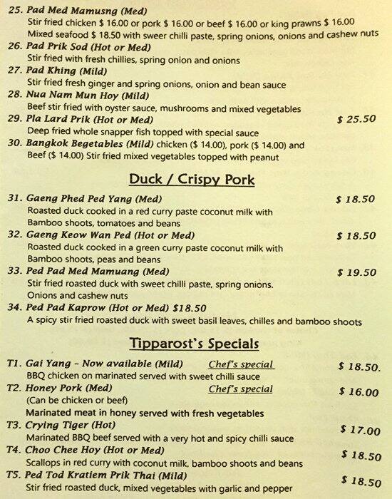 Carta de Tipparost Thai Restaurant