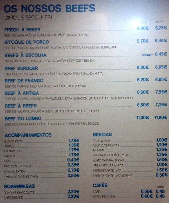 Beefs Steak of The Art Menu, Menu de Beefs Steak of The Art