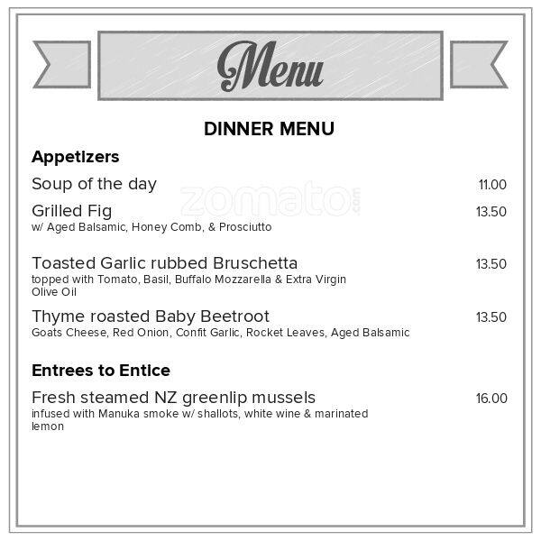 Mint Restaurant Menu, Menu podniku Mint Restaurant, Napier, Napier